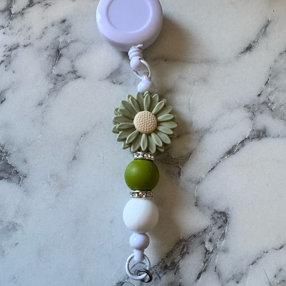Floral Beaded badge reel with Green and White Accents